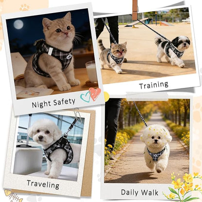 Gyuzh No Pull Cat Harness - 3-in-1 Step in Harness Collar Leash Set for Puppy & Kitten Walking & Training, Lightweight Plaid Vest (Black, M)