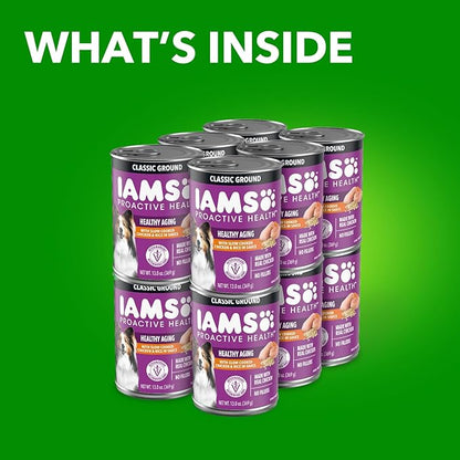 IAMS Proactive Health Senior Wet Dog Food, Classic Ground Dog Wet Food, Slow Cooked Chicken and Rice, 13 oz. Cans (Pack of 12)