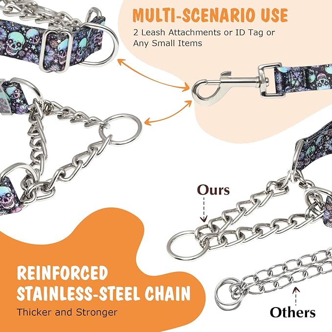 Skull Chain Martingale Collar for Dogs, No Pull Slip Cinch Choker Choke Collar Training Escape Proof Heavy Duty Dog Collar for Extra Large Medium Large Pet Boy Male Dogs, L