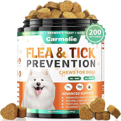 Carmelie Flea and Tick Prevention for Dogs - 200 Soft Chewables Natural Dog Flea and Tick Support - Oral Flea Supplement for All Breeds & Size Dogs, Puppy Flea Protection - Duck Flavor