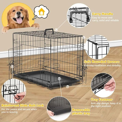 Dog Crate Kennel, 36 Inch Metal Pet Cage Double Door W/Divider Panel, Folding Travel Indoor Outdoor Dog Kennel Leak-Proof Plastic Tray Wire Animal Cage