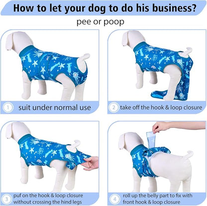 PetWarm Dog Suit for Surgery Recovery, Shirts for Dogs, Dog Bodysuit After Surgery, Soft Full Coverage Recovery Outfit, Designed for Healing Comfor, Marine Animal Patterns, Blue, 2XL