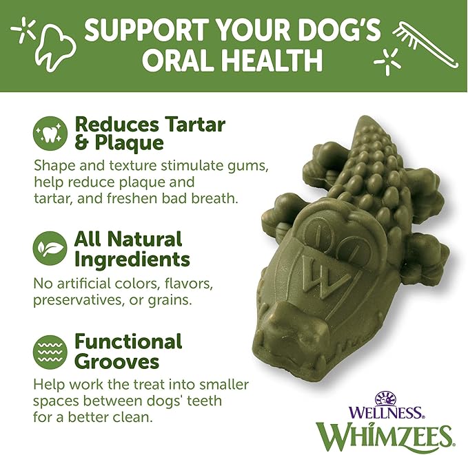 Whimzees Wellness Alligator Dog Dental Treat, Chews, Freshens Breath, Large Size, 12.7 oz Bag, 6 Count