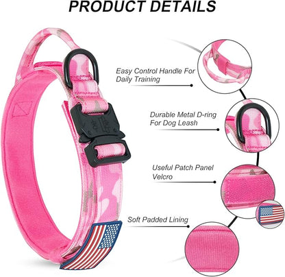 Hotsky Tactical Dog Collar and Leash Set, Heavy Duty Military Airtag Dog Collar with Handle and Metal Buckle for Training and Walking, with Airtag Holder and Two Patches (Pink Camo, M)