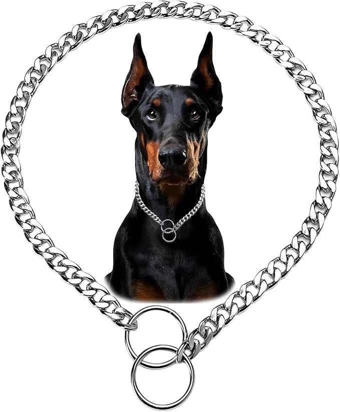 Flat Siver Choke Collar for Large Dogs, Metal Slip Chain Collars Heavy Duty Training Martingale Collars for Small Medium Large Breed Pets, L