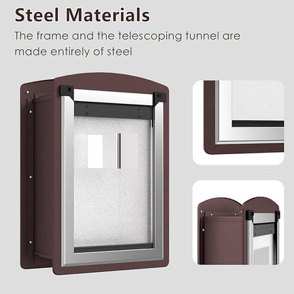 Dog Door for Wall, Large Dog Door with Double Lock Panels, Steel Frame and Telescoping Tunnel, Doggie Door for Interior and Exterior Wall, Up to 100lbs, Coffee Color