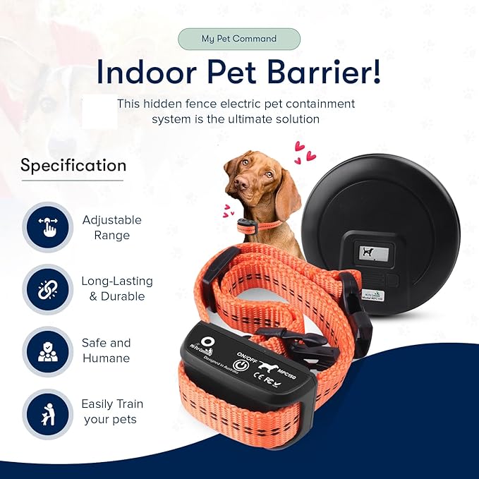 My Pet Command, Indoor Pet Barrier Adjustable Range, Static Tone Correction, Hidden Fence for Dogs Containment Collar, Wireless Pet Gate Keeps Areas Off Limits, Rechargeable Collars Extra Collar only