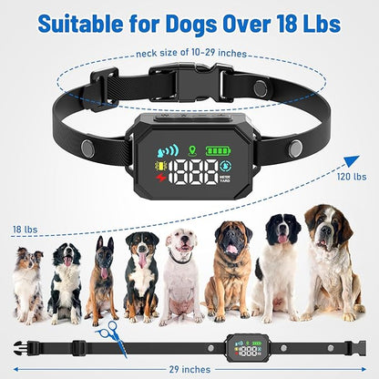 GPS Wireless Dog Fence, Electric Fence for Dogs, Perimeter Collar Fence System, Radius 33-1999 Yards, IPX7 Waterproof, Beep Vibration Shock Correction, for Pets Over 18 Lbs