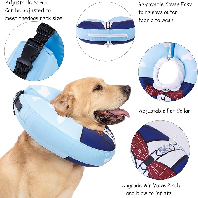 Inflatable Dog Cone Collar,Waterproof Soft Dog Donut Cone for Large Medium Small Dogs Cats, Recovery Pet E-Collar Alternatives After Surgery (Suit Blue, Large)