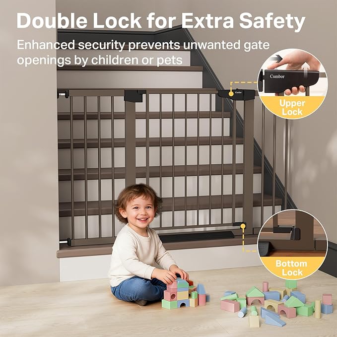 Cumbor 29.7–51.5" Extra Wide Baby Gate for Stairs, Pressure-Mounted Dog Gates for Doorways & Hallways, Auto-Close Walk-Through, No-Trip Design, Child Proof Safety, Dog/Pet Gate for Indoor Use, Brown