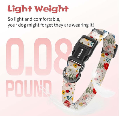 Kazazoo Dog Collar Cute and Soft Nylon Puppy Collar for Boy and Girl, Adjustable Dog Collars for Medium Large Dogs, Ladybugs and Flowers-L