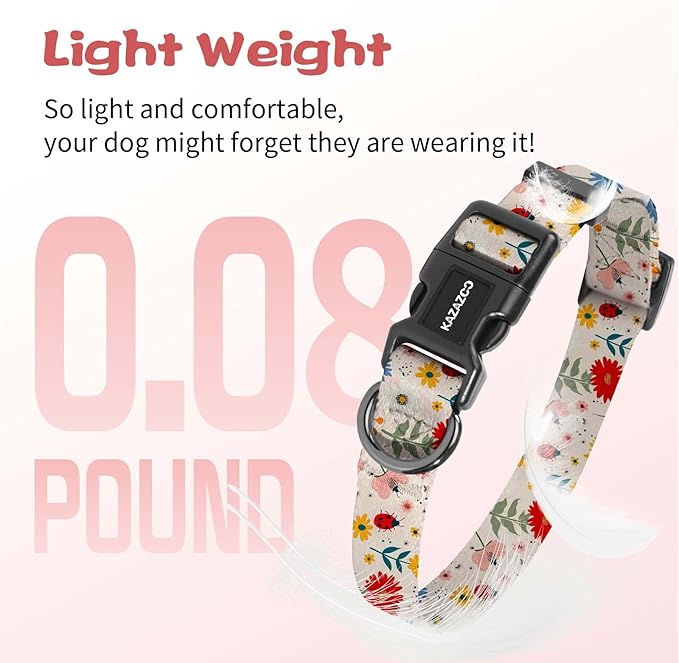 Kazazoo Dog Collar Cute and Soft Nylon Puppy Collar for Boy and Girl, Adjustable Dog Collars for Small Medium Dogs, Ladybugs and Flowers-XS