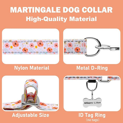 Reflective Martingale Collar for Dogs Nylon Training Collar with No Buckle Cute Floral No Pull Dog Collar for Large Dogs（White Flower，L）