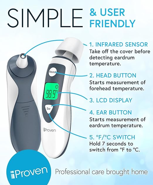 iProven Digital Thermometer for Adults Kids and Baby - Ear and Forehead 2-in-1, 1 Second Reading, Fever Alarm with Color Indicator, 20 Memory Recall - Medical Infrared Thermometer For The Whole Family