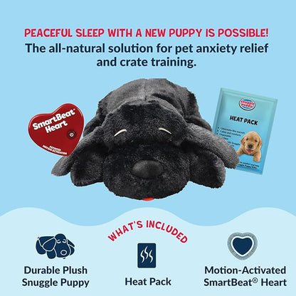 Snuggle Puppy Heartbeat Dog Toy for Puppies, Real-Feel Heartbeat, Calming Sleep Aid and Crate Training Comfort Toy with Heat Pack, Black Plush Design