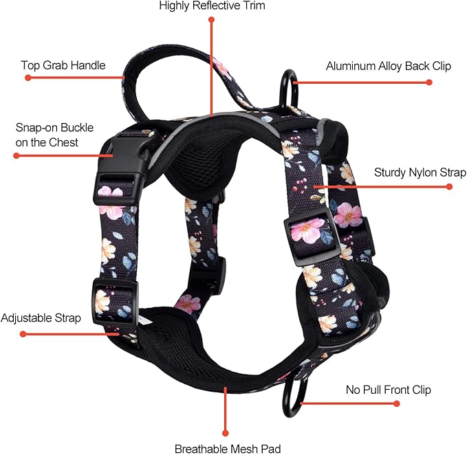 Petmolico Dog Harness for Small Dogs, Cute Harness Vest with Two Leash Clips and Soft Handle, Reflective Easy Walk Puppy Vest - Black Peach, Small