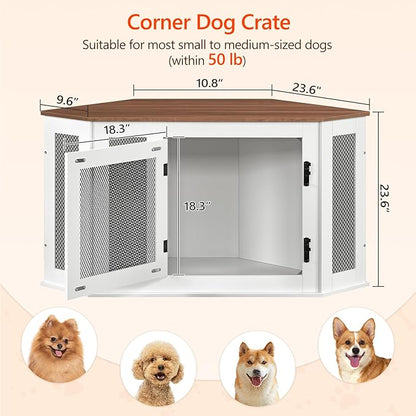 MAHANCRIS Corner Dog Crate Furniture, Wooden Dog Kennel End Table, Decorative Pet Crate Indoor Use, Furniture Style Dog House for Small Medium Dog, Dog Cage TV Stand, White and Walnut DCBA0801