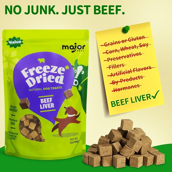 MAJOR PETS Freeze Dried Beef Liver Dog Treats - Single Ingredient - No Preservatives & High Protein - Grain Free - Premium Training Treats & Meal Topper - Made and Sourced in the USA - 7 oz