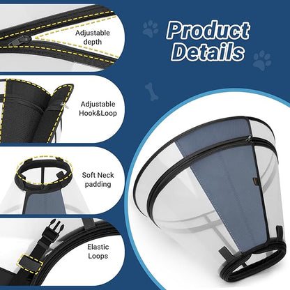 Dog Cone to Stop Licking, Clear Recovery Collar with Detachable Zipper, Sturdy Elizabethan Collar for Large Medium Small Dogs, Soft Adjustable Cone After Surgery Patented, Black S