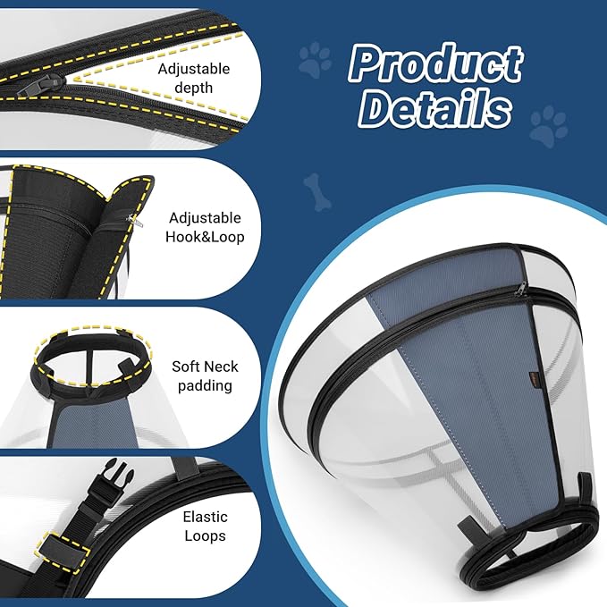 Dog Cone to Stop Licking, Clear Recovery Collar with Detachable Zipper, Sturdy Elizabethan Collar for Large Medium Small Dogs, Soft Adjustable Cone After Surgery Patented, Black M