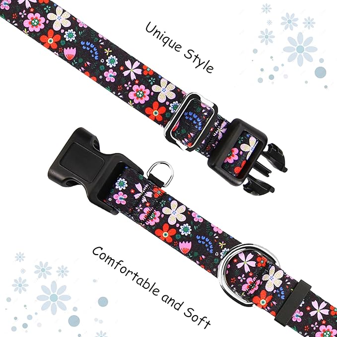 Martingale Dog Collar with Buckle Adjustable Nylon Limited Slip No Pull Training Floral Dog Collars (Black Pink Red, Medium)