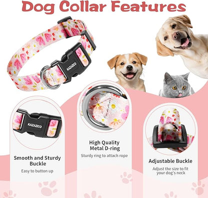 Kazazoo Dog Collar Cute and Soft Nylon Puppy Collar Girl, Adjustable Dog Collars for Medium Large Dogs, Pink Flowers-L