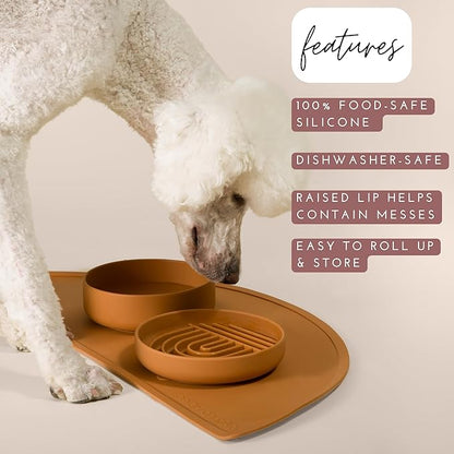 Should We Go -Waterproof Silicone Pet Food Mat - Non-Slip, Spill-Proof Feeding Mat for Floors, Raised Edge Design Easy-to-Clean Rubber Pad for Dog & Cat Bowls, 28" Across x 14" Deep, Large-Ocean Blue