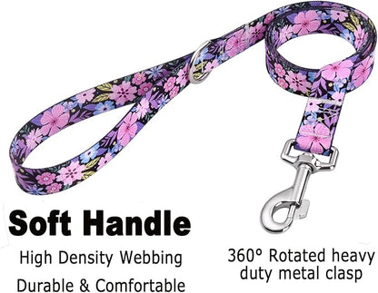 Mihqy Dog Collar and Leash Set with Bohemia Floral Tribal Geometric Patterns - Soft Ethnic Style Collar Adjustable for Small Medium Large Dogs(Pink Floral Set,M)