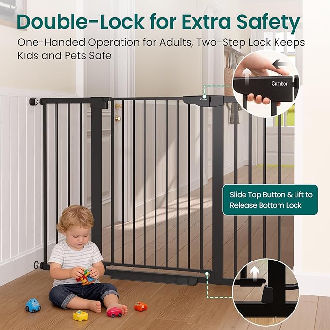 Cumbor 36" Extra Tall Baby Gate, 30-54" Wide Dog Gates for Large Dogs, Dual Lock & Self-Closing Child Gate for Stairs, Doorways & Hallways, Pressure Mounted Safety Proofing for Babies & Pets, Black