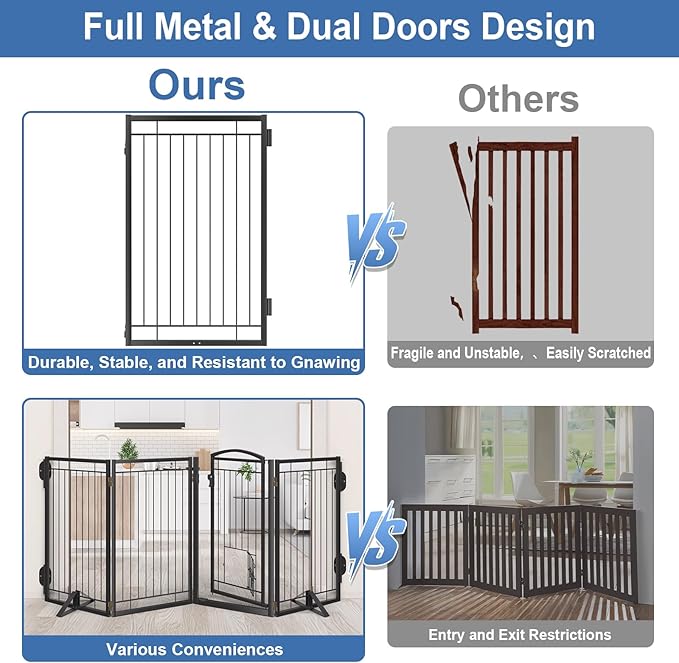 Metal Freestanding Dog Gate with Cat Door for Indoor&Outdoor,120" Extra Wide Foldable Pet Gate,36" Tall Foldable Indoor Dog Fence for Wide Openings Stairs,Deck,Yard,Doorways(6 Panels,Black)