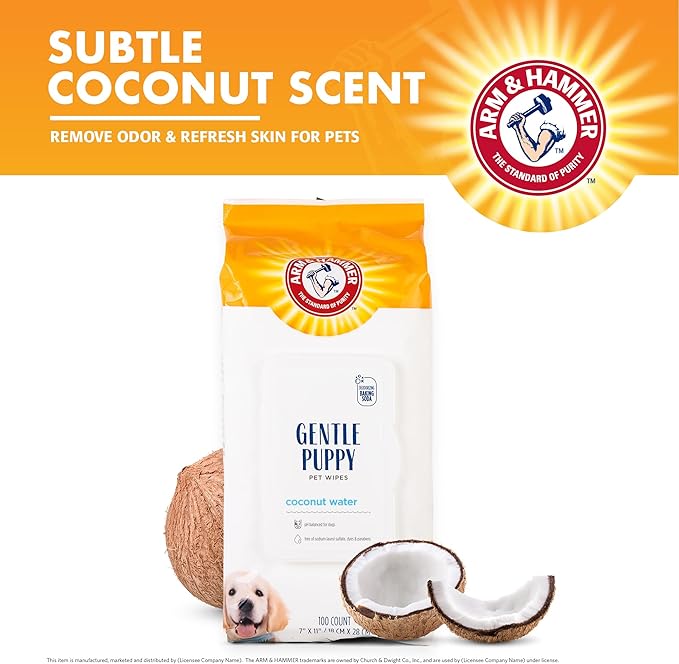 Arm & Hammer Dog Grooming Wipes, Deodorizing Dog Cleaning Wipes with Coconut Water, Gentle for Dogs and Puppies, Paraben and Sulfate Free Formula, Light Coconut Scent, 100 Count