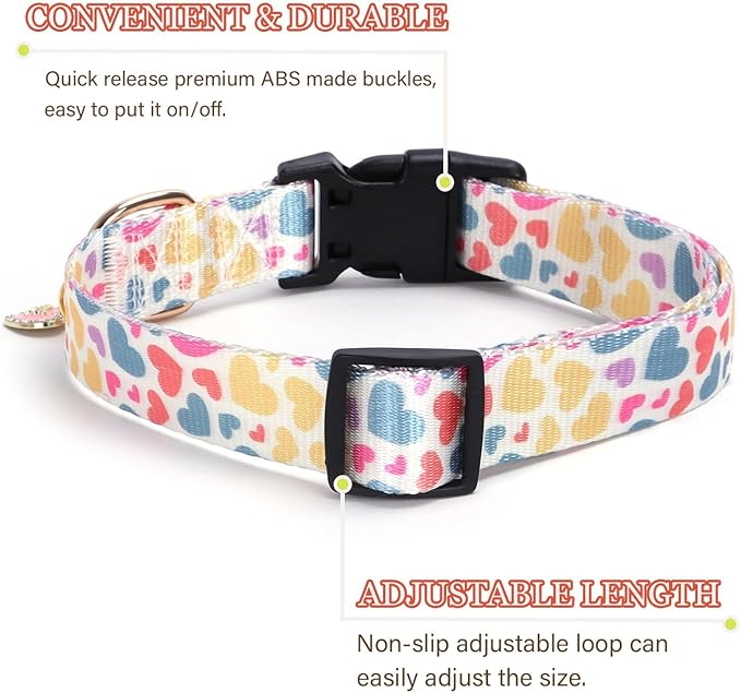 Love Pattern Dog Collar with Buckle Adjustable Safety Nylon Collars for Small Medium Large Dogs, Cute Stylish Girl Boy Christmas Dog Collar(White Heart,S)