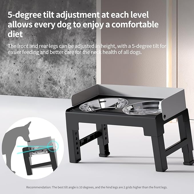PAKEWAY Elevated Dog Bowls, Spill Proof, Tiltable Dog Feeder with 2 Stainless Steel Bowls, 6 Height Adjustable Raised Bowl