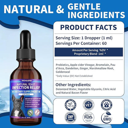 Natural Yeast Infection Treatment for Dogs | Probiotic-Powered Drops with 8-Herbal Blend | Supports Skin, Ears, Allergy Relief | Dog Yeast Infection Treatment Oral Supplement | Bacon-Flavored