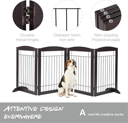 PAWLAND 96-inch Extra Wide Dog gate for The House, Doorway, Stairs, Freestanding Foldable Wire Pet Gate, Set of Support Feet Included (Espresso, 30" Height-4 Panels)