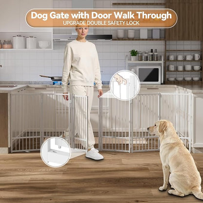SNUOWU Full Metal Freestanding Dog Gate with Door, 36''Height Foldable Pet Dog Fence for Indoor & Outdoor, 6 Panels Extra Wide Free Standing TallDog Gates for Doorways,House,Stairs,Porch,Deck,Yard