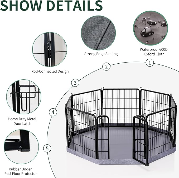 PETIME Dog Playpen,Metal Exercise Puppy Pen Heavy Duty Kennels Yard Fence Indoor/Outdoor 22" W x 24" H 8 Panels Dog Cage with Octagon Bottom Pad