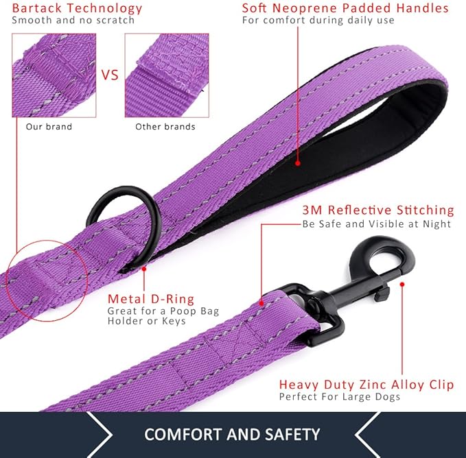 Plutus Pet Double Handle Dog Leash 4ft, Heavy Duty, Reflective Dual Handle Dog Leash for Safety Training, for Medium Large Dogs,2 Handle Leads(Purple)