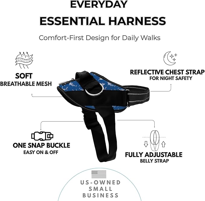 ShawnCo Essential Dog Harness, No-Pull Pet Vest with 3 Leash Clips, No Choke, Reflective, Adjustable and Padded, for Easy Walking and Training for Small, Medium and Large Dogs (White Sharks, L)