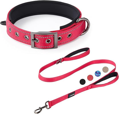 Annchwool Adjustable Dog Collar and 5FT Leash Set with Heavy Duty Metal Buckle–Comfortable Lining Reflective Collar & Dual-Handles for Small Medium Large Dogs Walking,Running,(Red Set,L:17''-23'')