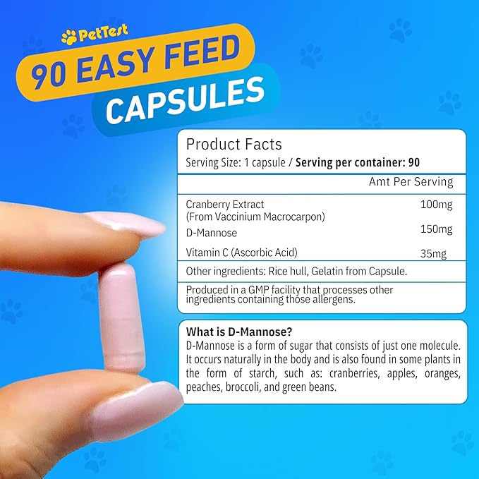D-Mannose for Pets with Cranberry 90 Capsules, Dogs and Cats UTI Urinary Tract Support, Prevents and Eliminates Bad Bacteria, Bladder Kidney Supplement by Advocate PetTest