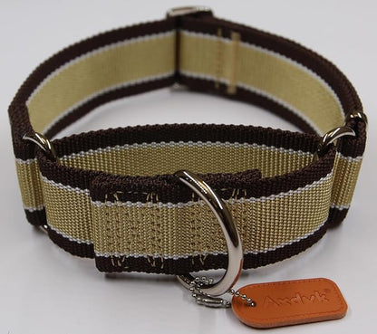 Martingale Collar 1.5 Inch Wide 1600D Extra Strong Anti Escape Nylon Dog Collar, No Pull Heavy Duty Pet Collars with 3-Color Stripe for Medium to Large Dogs (L, Khaki & Dark Brown)