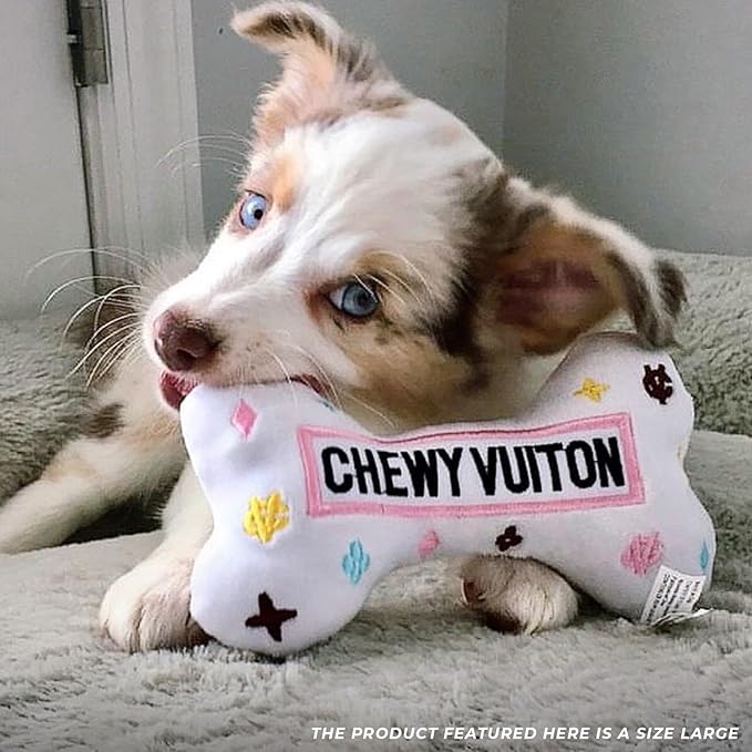 Haute Diggity Dog Chewy Vuiton Bone Plush Squeaky Dog Toy, Soft Durable Designer-Inspired Stuffed Puppy Chew Toys for Small & Medium Dogs, Machine-Washable (White) Large
