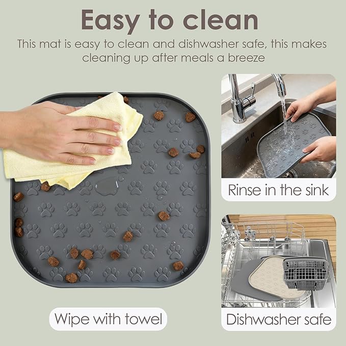 Pet Feeding Mat, Waterproof Anti-Slip Placemats for Dog Cat Bowl Silicone Pet Food Mat, Raised Edge Prevent Spills on Floor & Carpet, Dishwasher Safe (Black, 11" x 11")