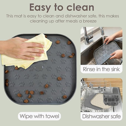 Pet Feeding Mat, Waterproof Anti-Slip Placemats for Dog Cat Bowl Silicone Pet Food Mat, Raised Edge Prevent Spills on Floor & Carpet, Dishwasher Safe (Black, 11" x 11")
