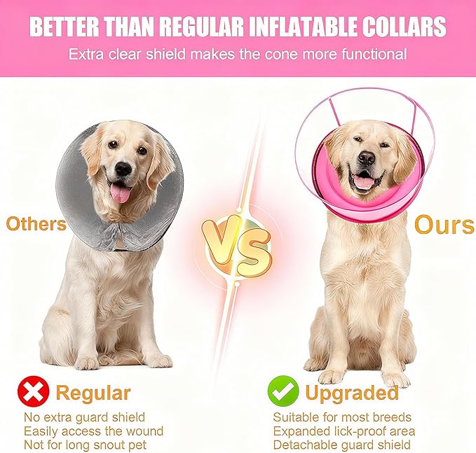 2-in-1 Soft Inflatable Dog Cone Collar Alternative with Enhanced Anti-Licking Guard Shield, Dog Collar After Surgery, Adjustable Recovery Cones for Large Medium Small Dogs and Cats(Pink, M+)