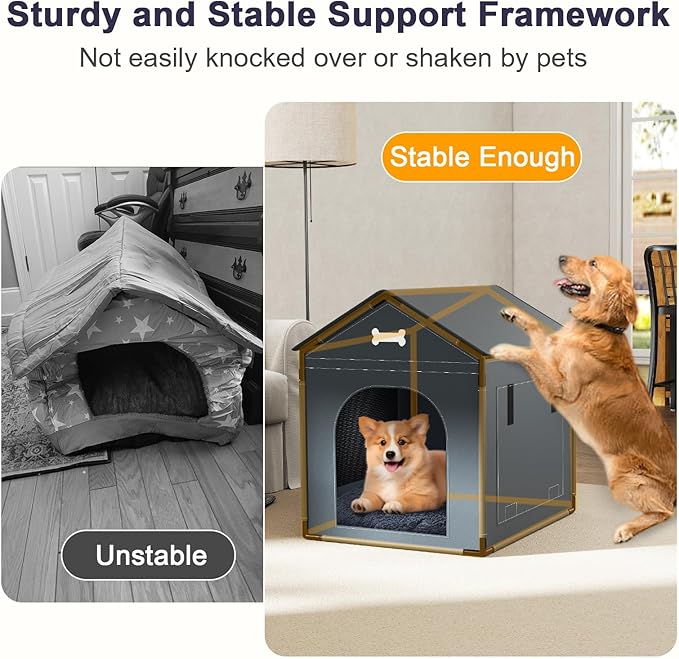 Large Dog House Indoor with Plush Cushion, Dog Kennel for Inside with Sturdy Frame, Waterproof Pet House Suitable for Small Medium Dogs, 27x21x27in, Gray