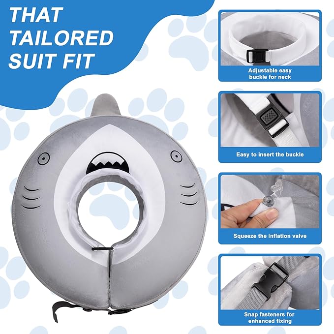 Dog Cone Inflatable Widen Dog Neck Donut Collar, Soft Cone Alternative After Surgery for Large Medium Small Dogs to Stop Licking, Shark, Medium