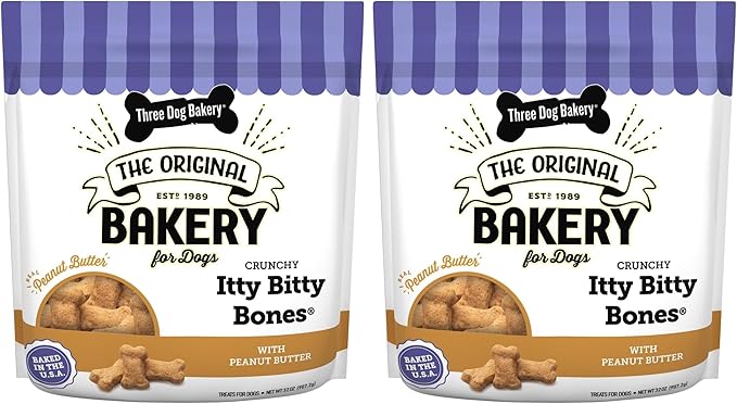 Three Dog Bakery Itty Bitty Bones Peanut Butter Dog Treats,32oz - Crunchy Bones for-Dog Training Treats,Real Peanut Butter Puppy Training-Treats,Dog-Bakery-Treats,(Pack of 2)