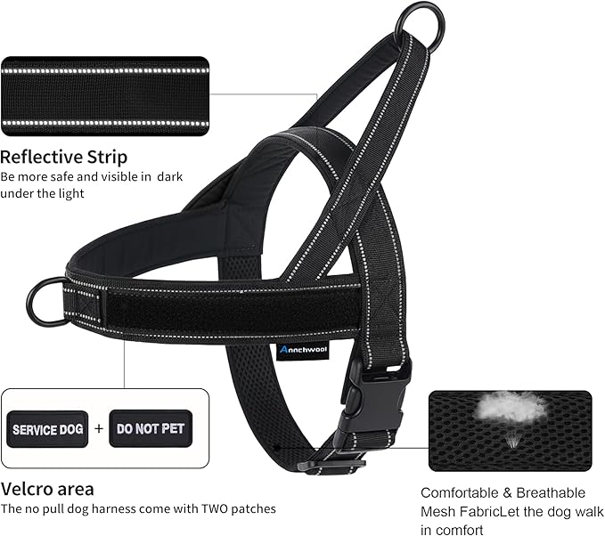 Annchwool No Pull Dog Harness,Heavy Duty Reflective Collar & Leash Set-Dog Leash with Double Handle & Car Seatbelt Clip-Easy Control for Walking Training Medium Large Size Dogs(Black,S)